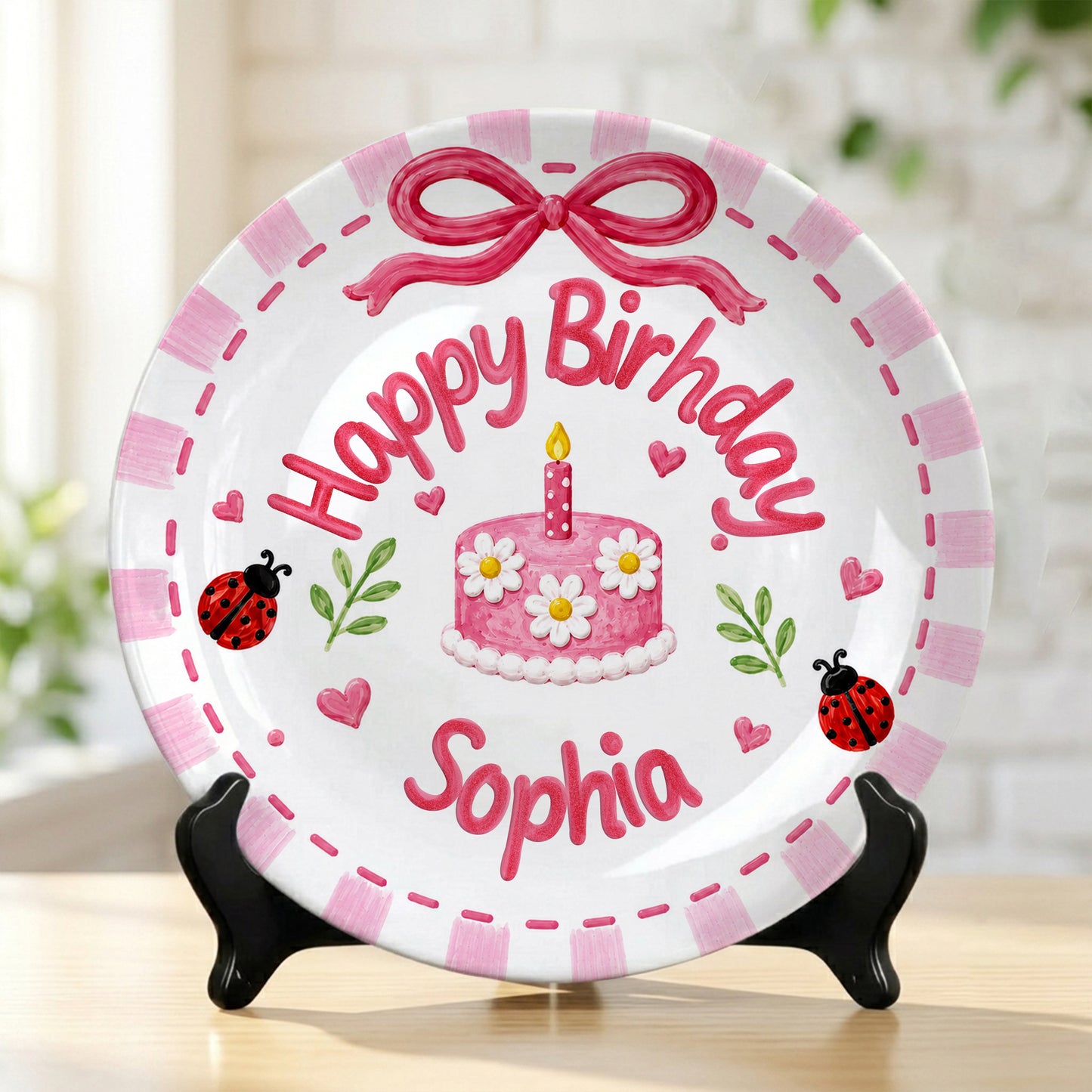 Pink Gingham Ladybug Keepsake Personalized Birthday Plate P7184FK0