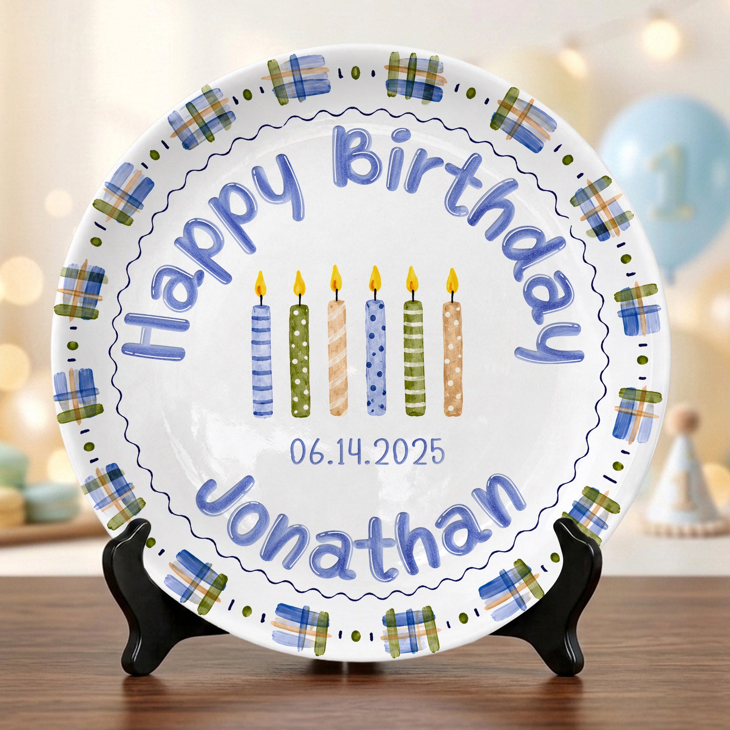 Blue Plaid Boys Custom Name First Birthday Personalized Birthday Plate P8245JH0