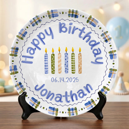 Blue Plaid Boys Custom Name First Birthday Personalized Birthday Plate P8245JH0