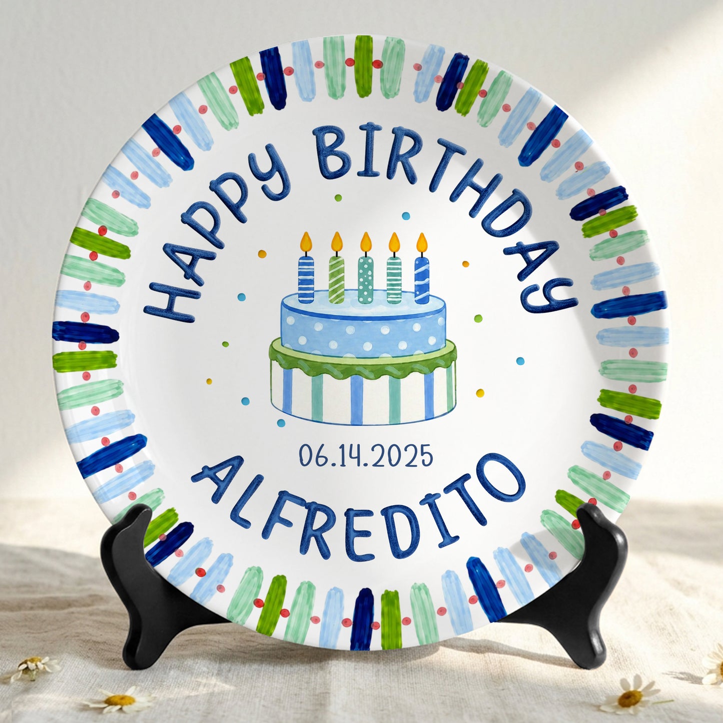 Blue Stripe Birthday Cake Personalized Birthday Plate P728HNA0