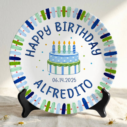 Blue Stripe Birthday Cake Personalized Birthday Plate P728HNA0