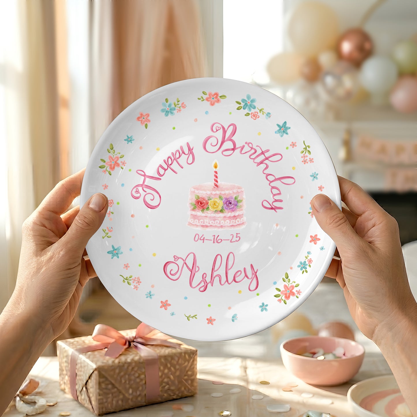 Simple Floral Border Personalized Birthday Plate P412PQN0