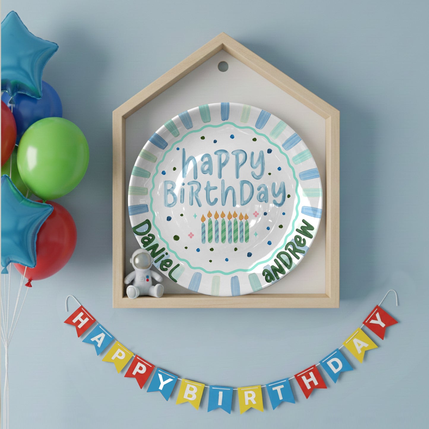 Blue Green Candles and Striped Border Personalized Birthday Plate P1024AQC0#2