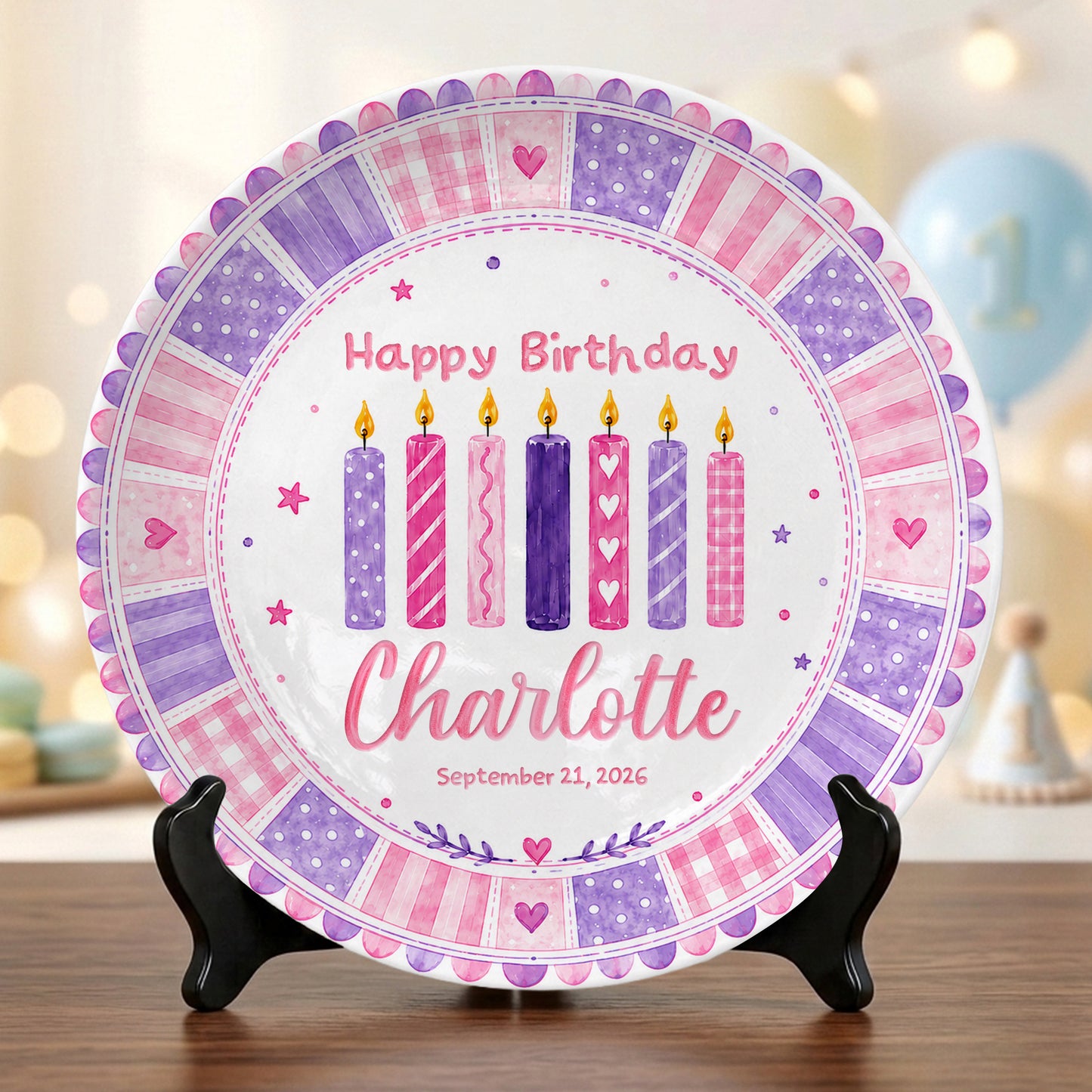 Pink Purple Candle Girl First Birthday Keepsake Personalized Birthday Plate P815CM10