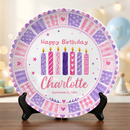 Pink Purple Candle Girl First Birthday Keepsake Personalized Birthday Plate P815CM10