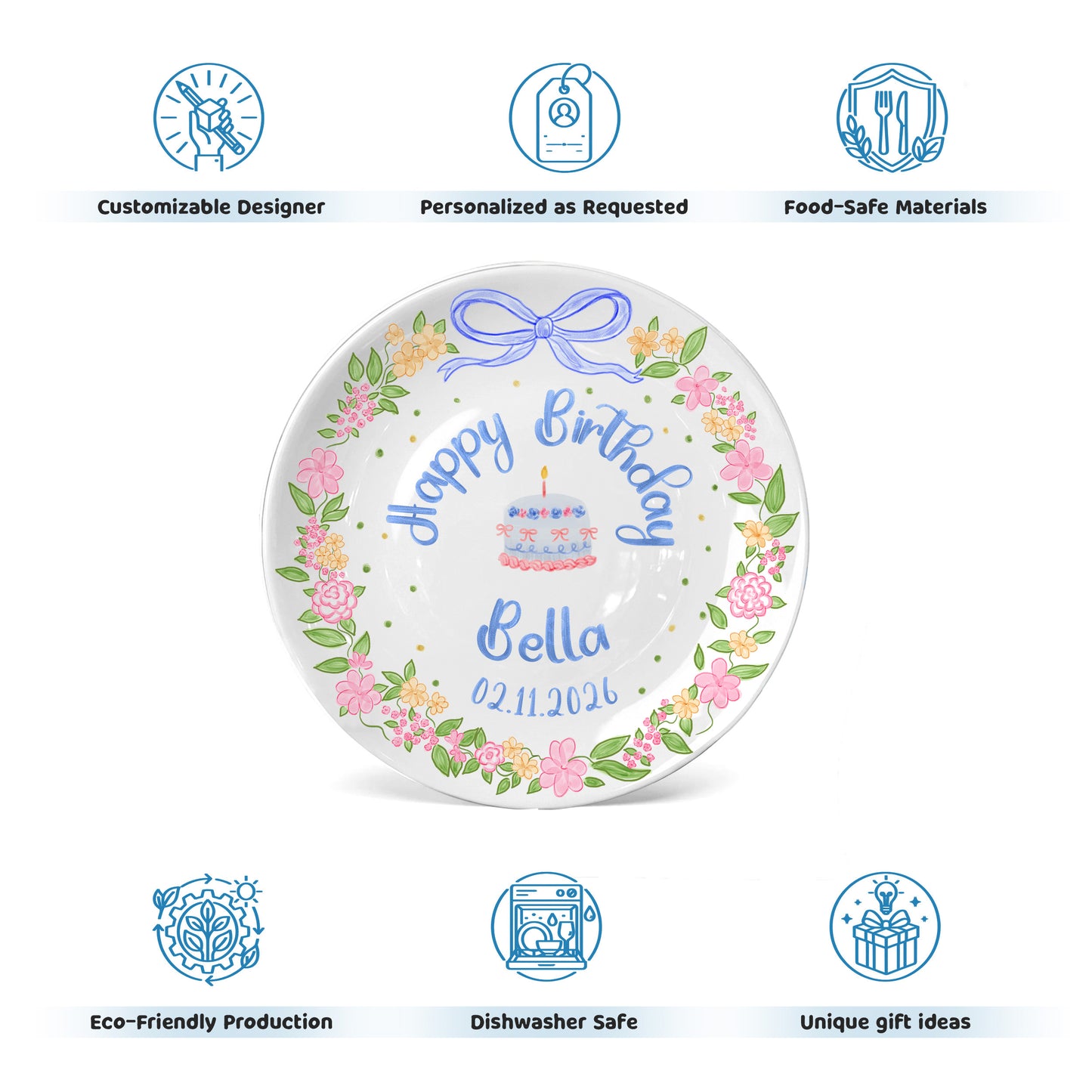 Blue Bow Flower Border Personalized Birthday Plate P311I7Y0
