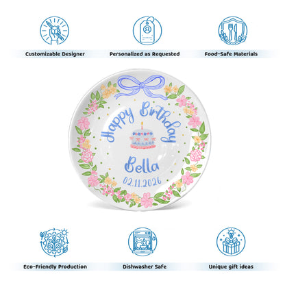 Blue Bow Flower Border Personalized Birthday Plate P311I7Y0