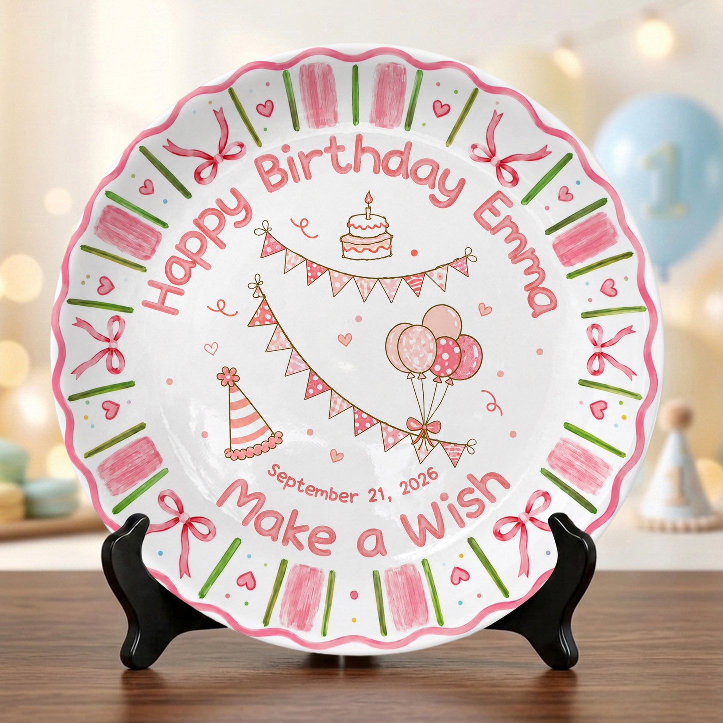 Pink Floral Girl Cake Balloon Make Wish Personalized Birthday Plate P810UCS0