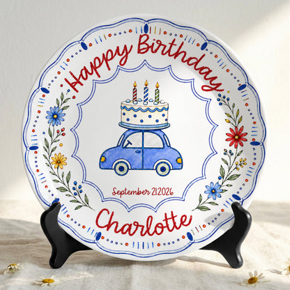 Blue Car Floral Personalized Birthday Plate for Kids Keepsake Gift P8124VP0