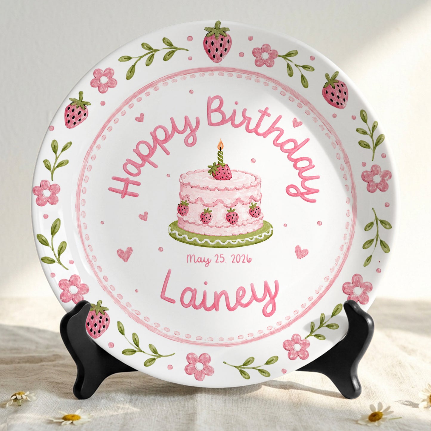 Strawberry Floral Cake Keepsake Ceramic Personalized Birthday Plate for Kids P83M4Y0