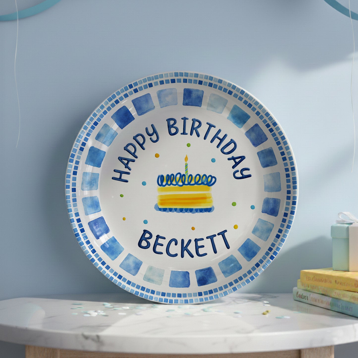 Blue Tile Border Cake Personalized Birthday Plate P228QZD0