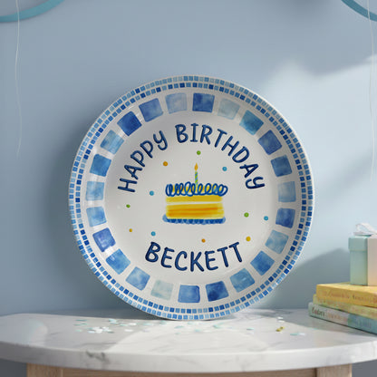 Blue Tile Border Cake Personalized Birthday Plate P228QZD0