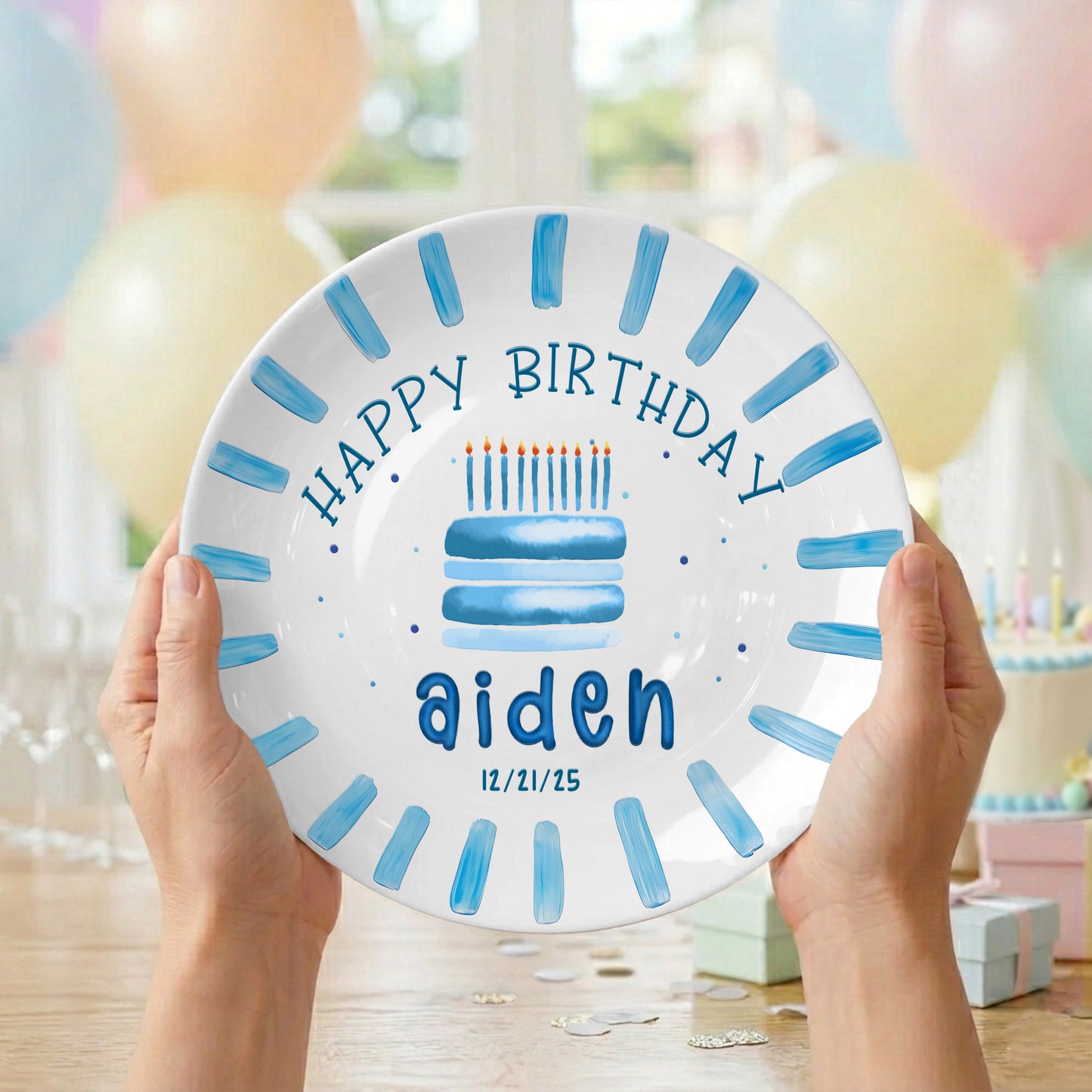 Blue Cake and Brush Stroke Border Personalized Birthday Plate P111BC60