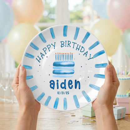 Blue Cake and Brush Stroke Border Personalized Birthday Plate P111BC60