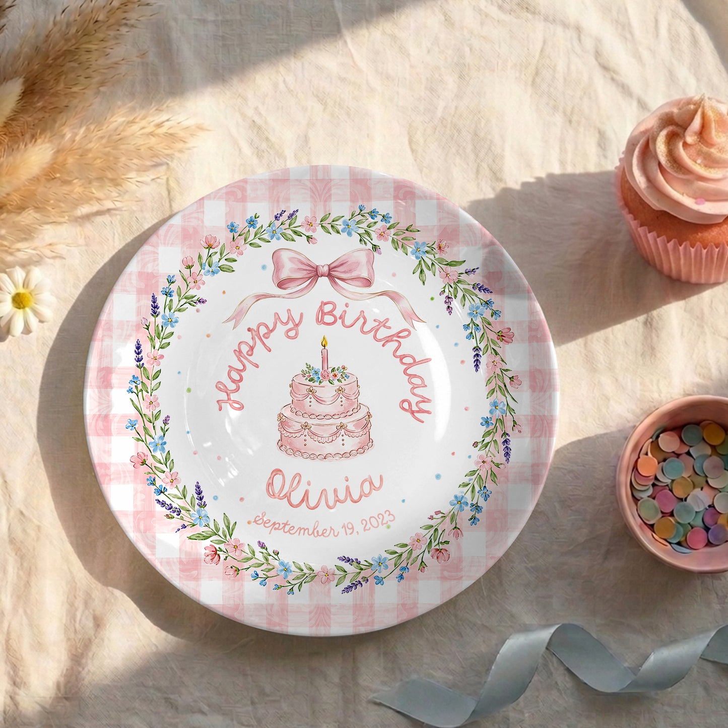 Pink Gingham Bow Cake Personalized Birthday Plate P423V6P0