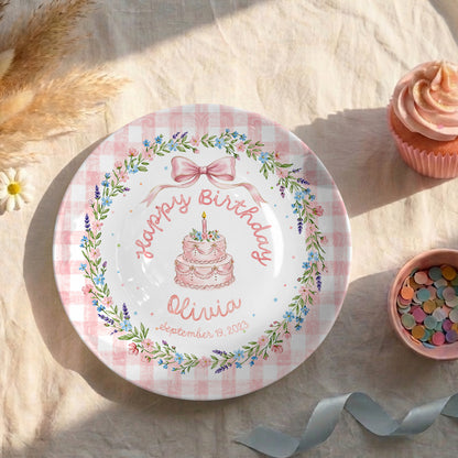 Pink Gingham Bow Cake Personalized Birthday Plate P423V6P0