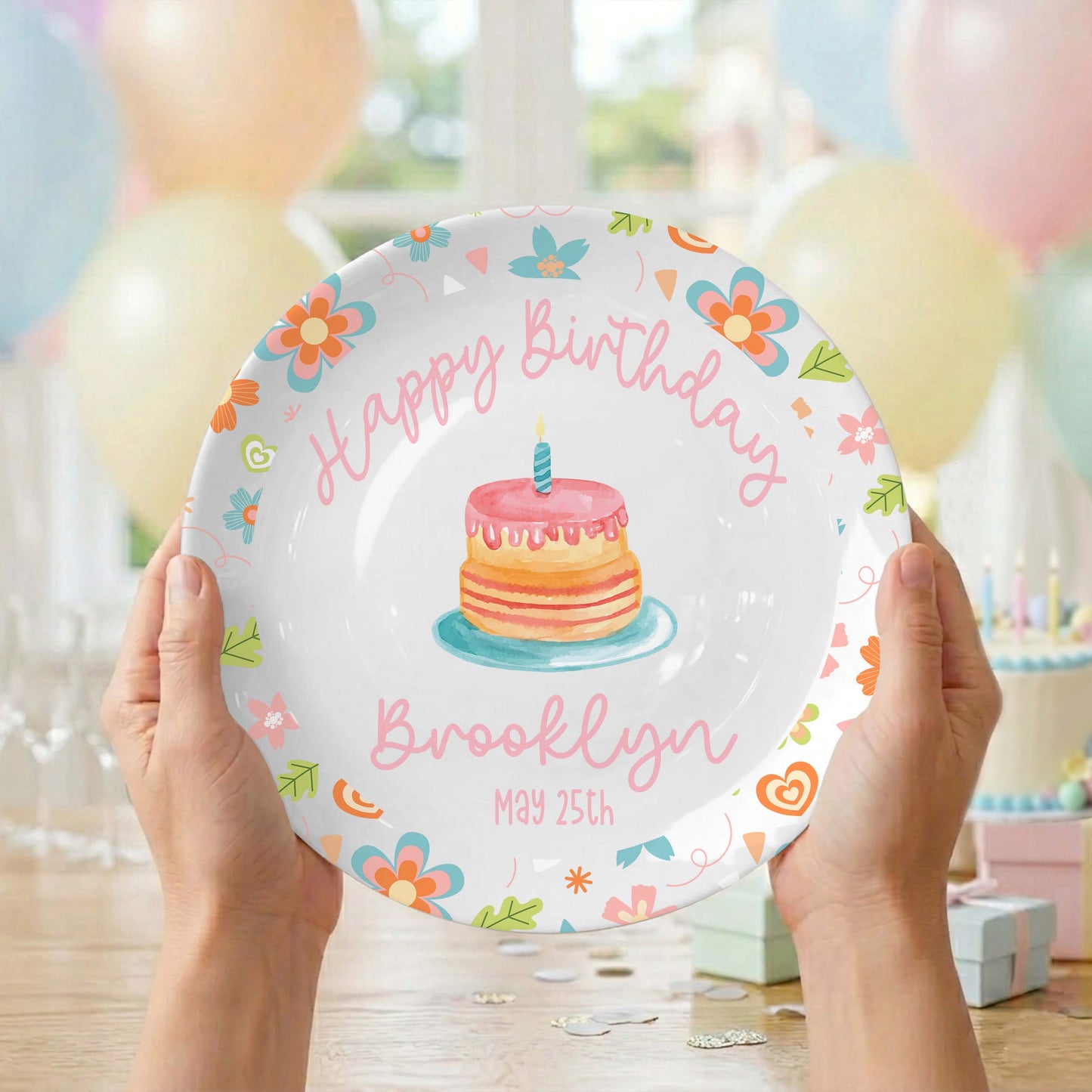 Colorful Floral with Cake Personalized Birthday Plate D92YJX0