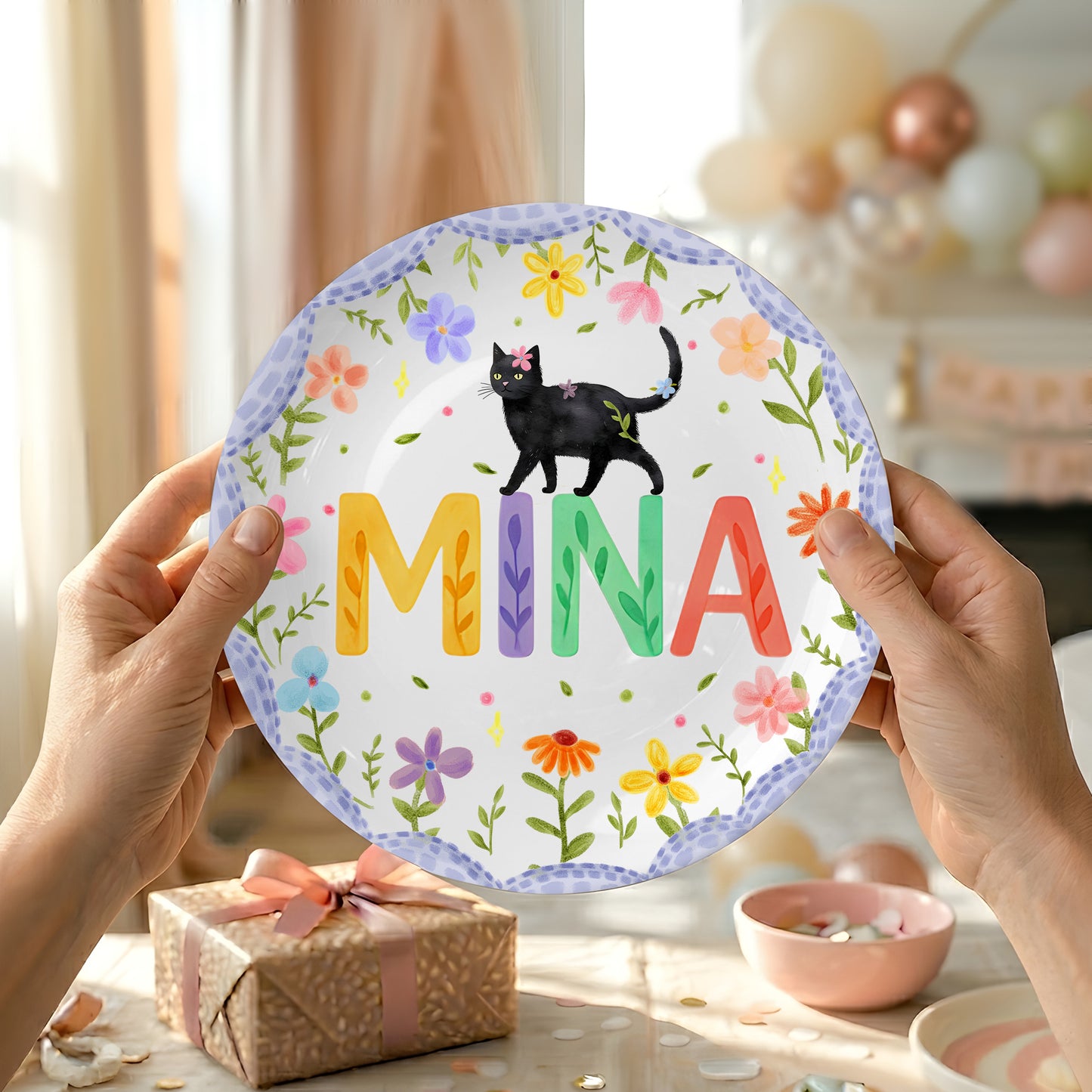 Lavender Scallop Border with Black Cat and Colorful Floral Name Personalized Birthday Plate P54NP00