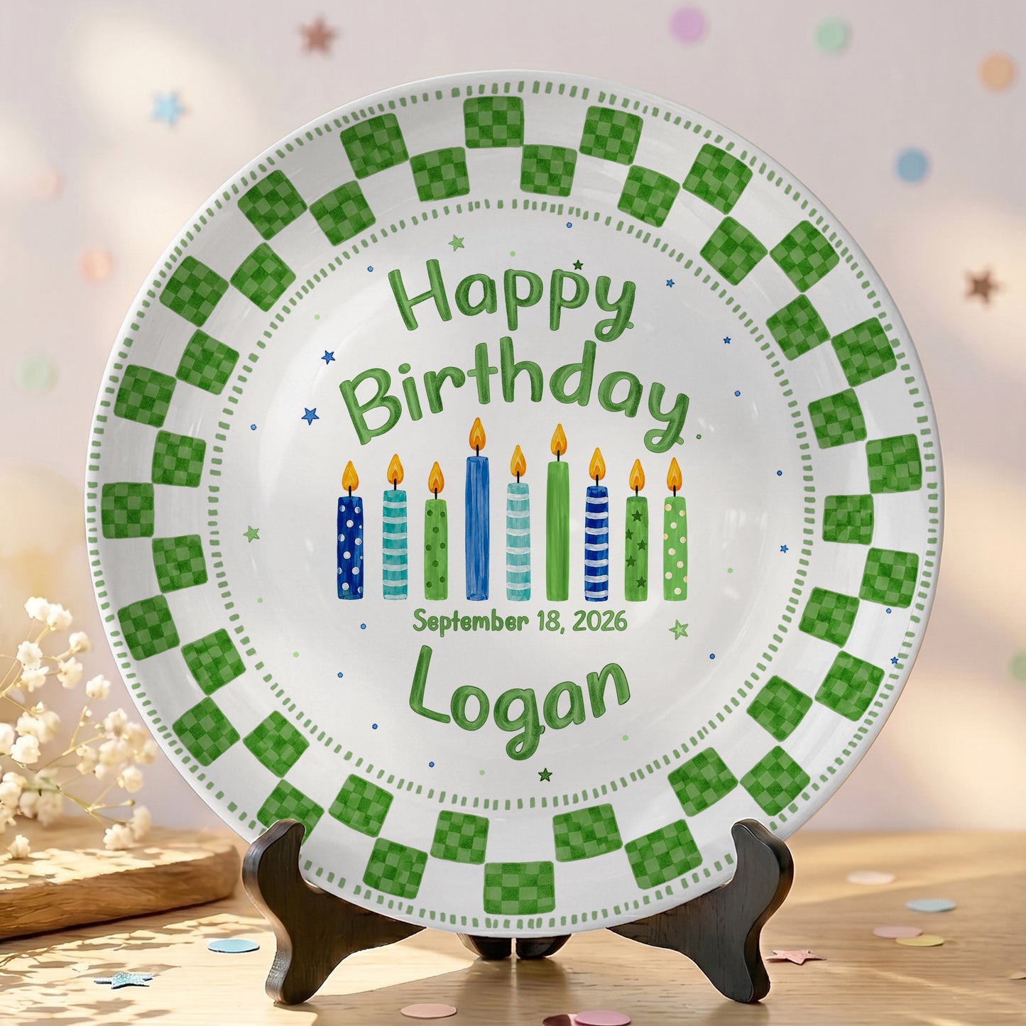 Green Checker Birthday Candles Keepsake Personalized Birthday Plate D78C8H0