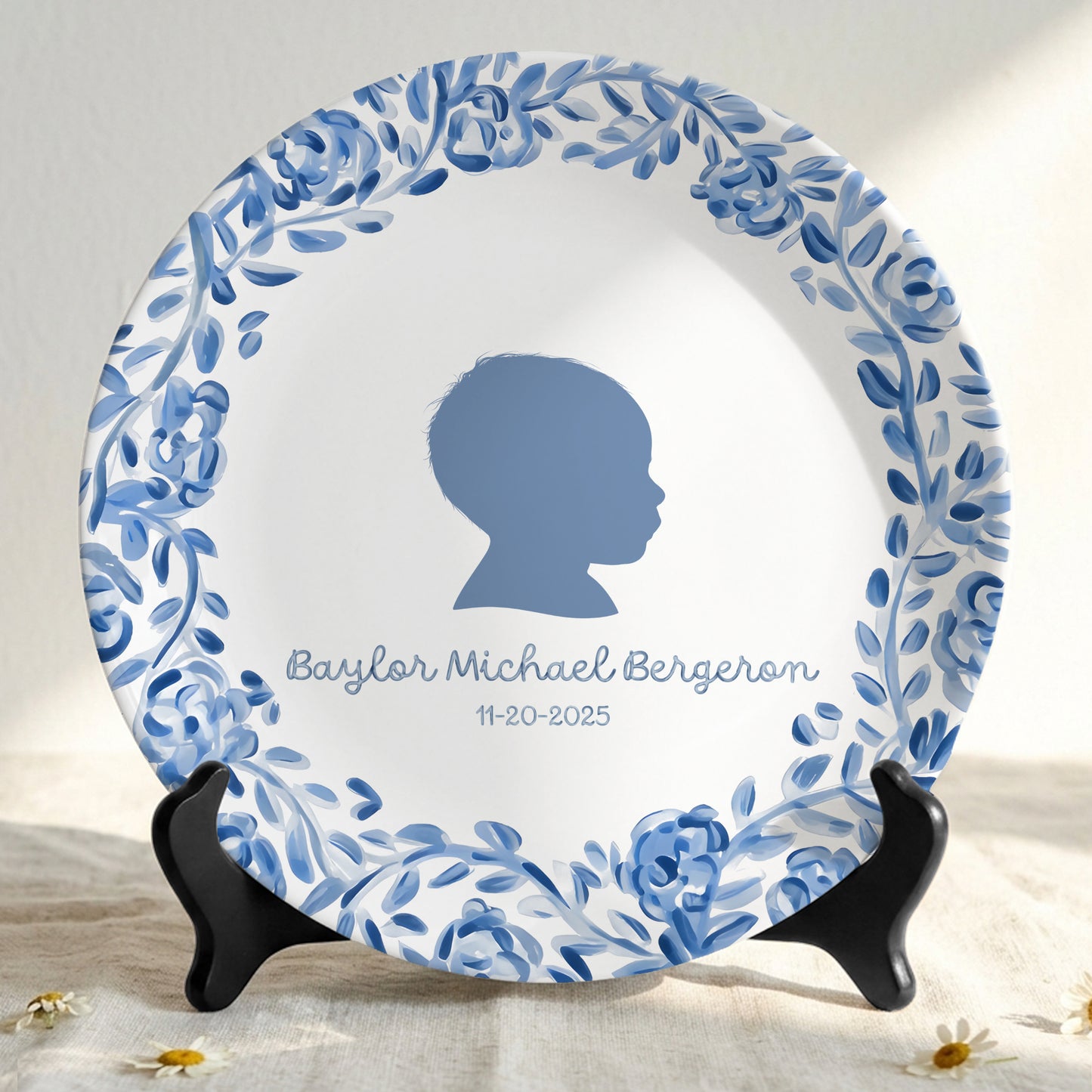 Blue Floral Silhouette Personalized Birthday Plate for Kids, Custom Name and Date Ceramic Keepsake P85LY90