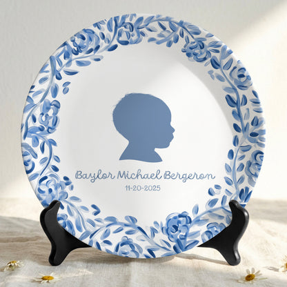 Blue Floral Silhouette Personalized Birthday Plate for Kids, Custom Name and Date Ceramic Keepsake P85LY90