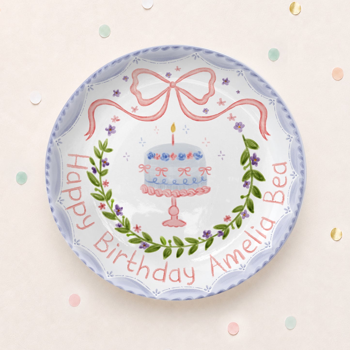 Pink Bow and Lavender Floral Wreath Cake Stand Personalized Birthday Plate P62GQC0