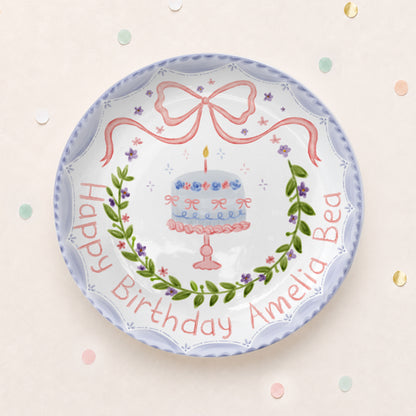 Pink Bow and Lavender Floral Wreath Cake Stand Personalized Birthday Plate P62GQC0