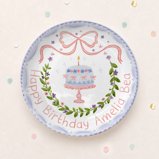 Pink Bow and Lavender Floral Wreath Cake Stand Personalized Birthday Plate P62GQC0