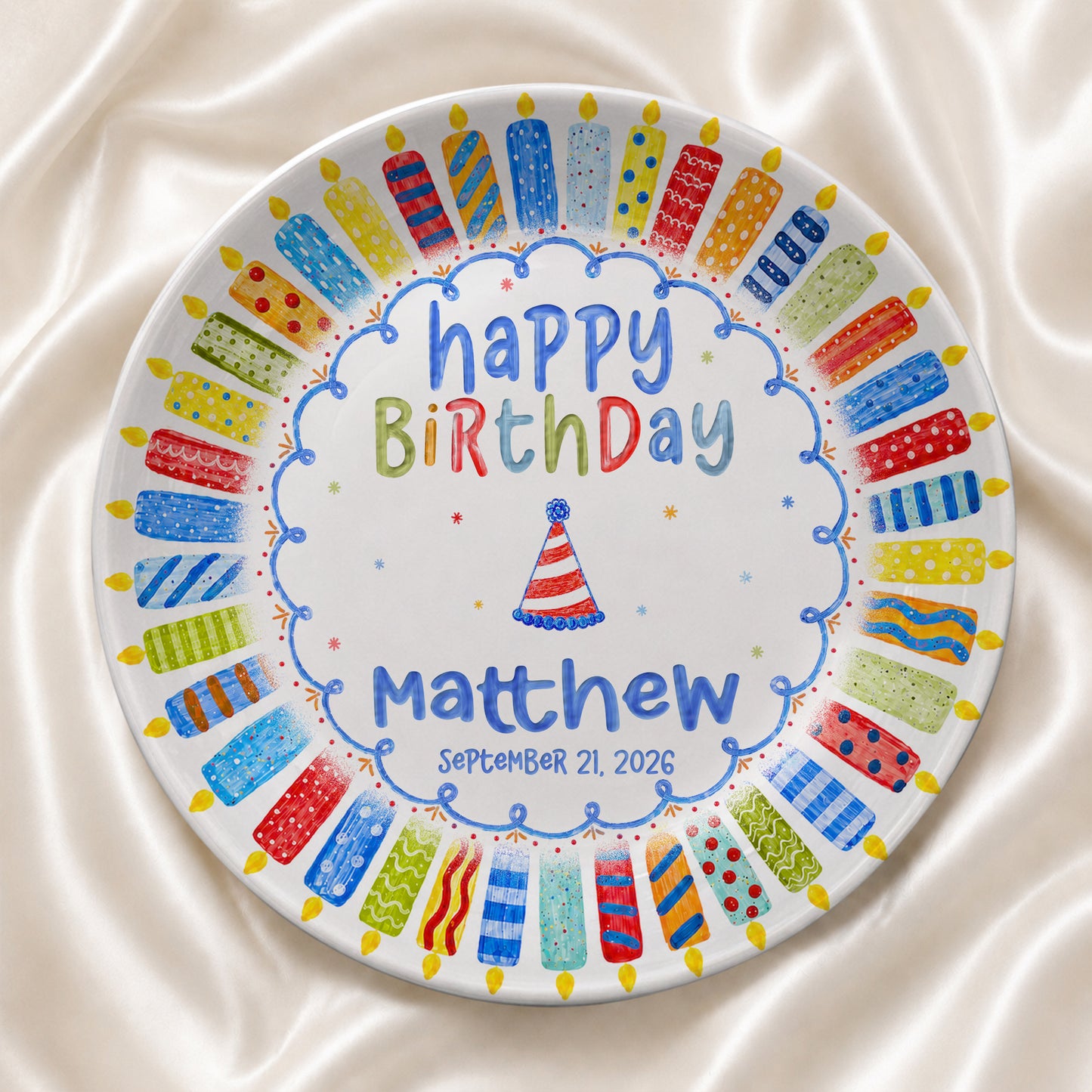 Colorful Candle Celebration Custom Name Ceramic Keepsake Personalized Birthday Plate P82509W0