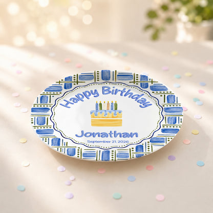Blue Plaid Personalized Birthday Plate for Boys, Custom Birthday Keepsake Gift P730VM90