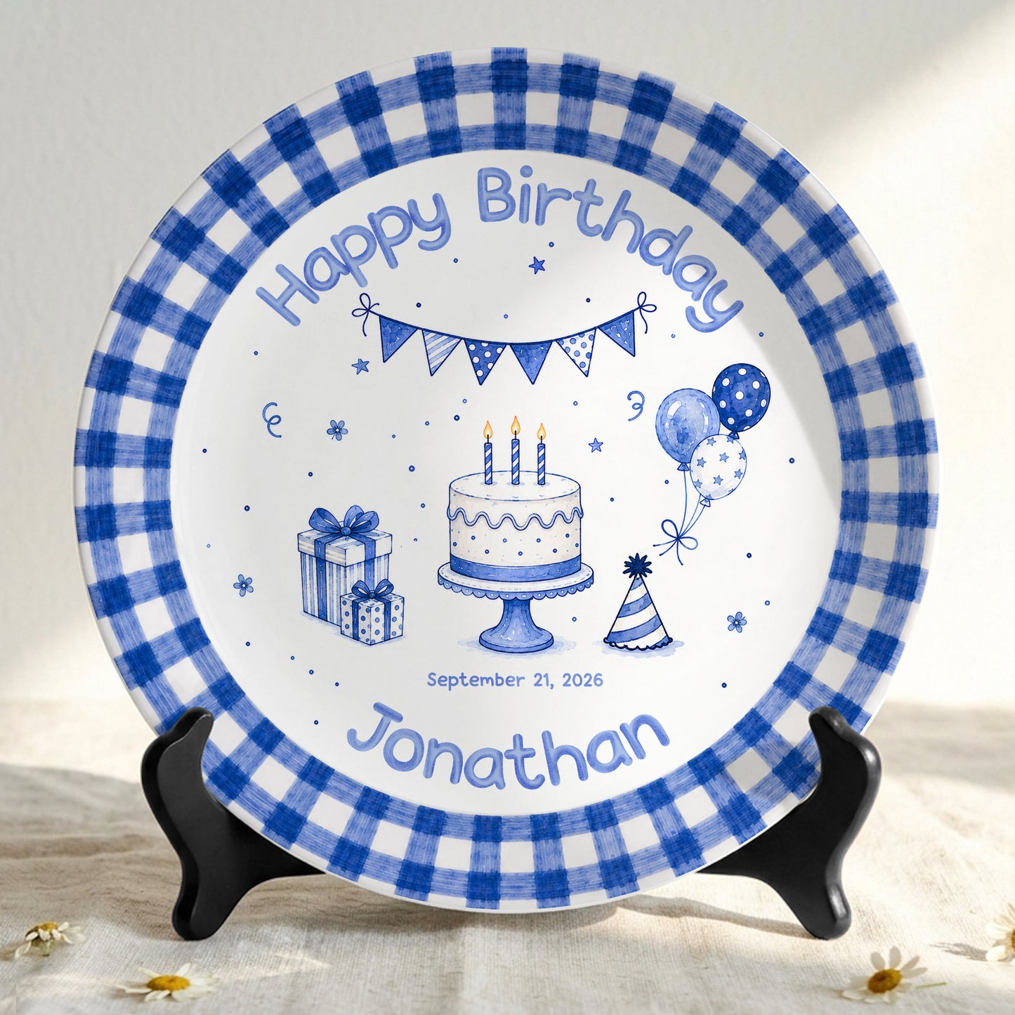 Blue Checkered Personalized Birthday Plate for Kids, Custom Name and Date Ceramic Keepsake P85XBL0