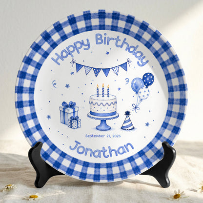 Blue Checkered Personalized Birthday Plate for Kids, Custom Name and Date Ceramic Keepsake P85XBL0