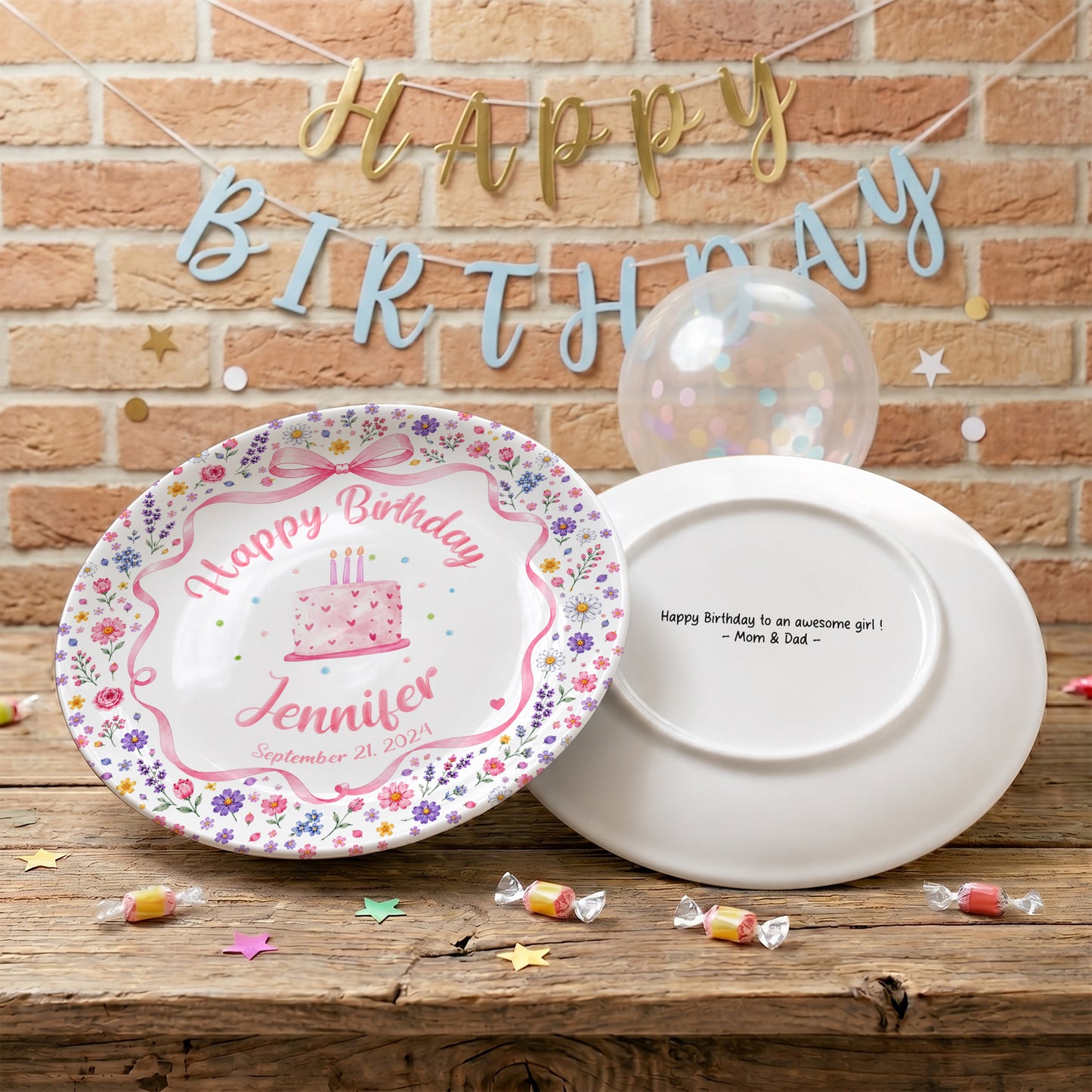 Pink Bow Floral Cake Personalized Birthday Plate P624WCW0