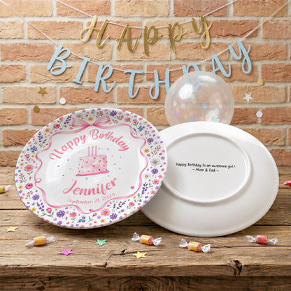 Pink Bow Floral Cake Personalized Birthday Plate P624WCW0