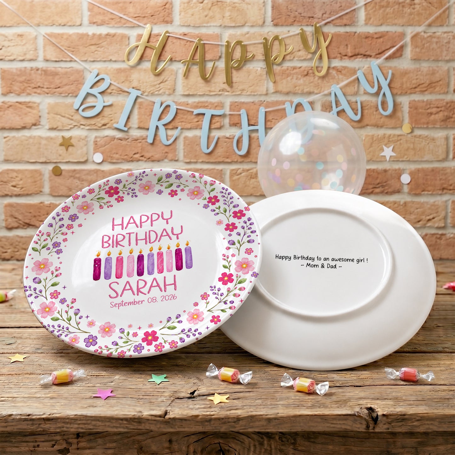 Floral Birthday Candles Personalized Birthday Plate for Girls D625JGX0