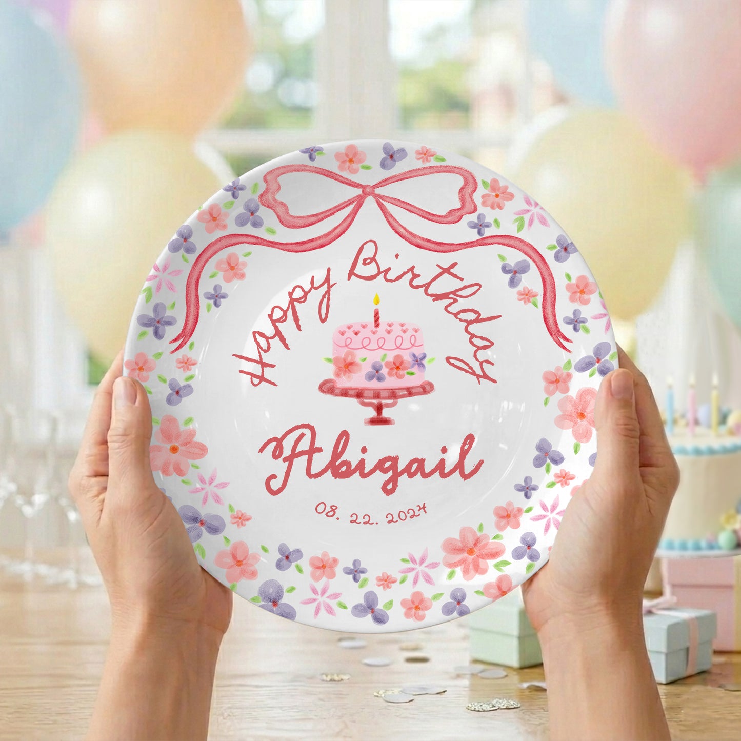 Rose Pink Bow with Floral Border Personalized Birthday Plate P123QQD0