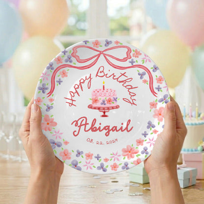 Rose Pink Bow with Floral Border Personalized Birthday Plate P123QQD0