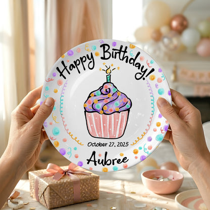 Colorful Confetti Cupcake Personalized Birthday Plate P42L9D0