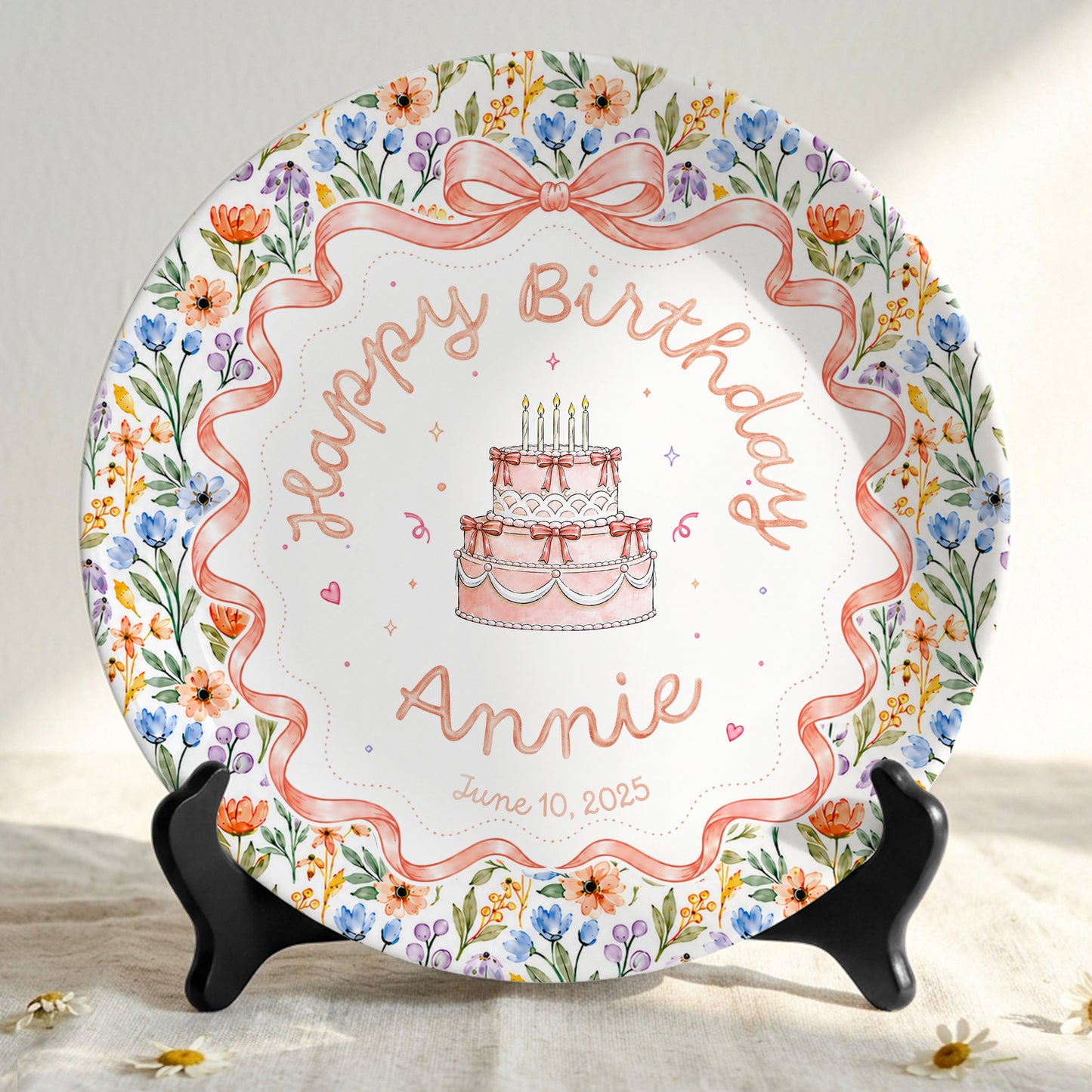 Floral Bow Birthday Cake Personalized Birthday Plate for Kids Keepsake P86TSJ0