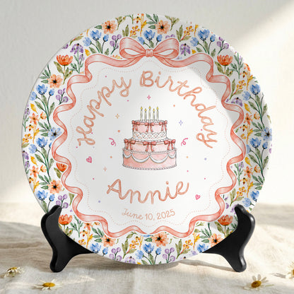 Floral Bow Birthday Cake Personalized Birthday Plate for Kids Keepsake P86TSJ0
