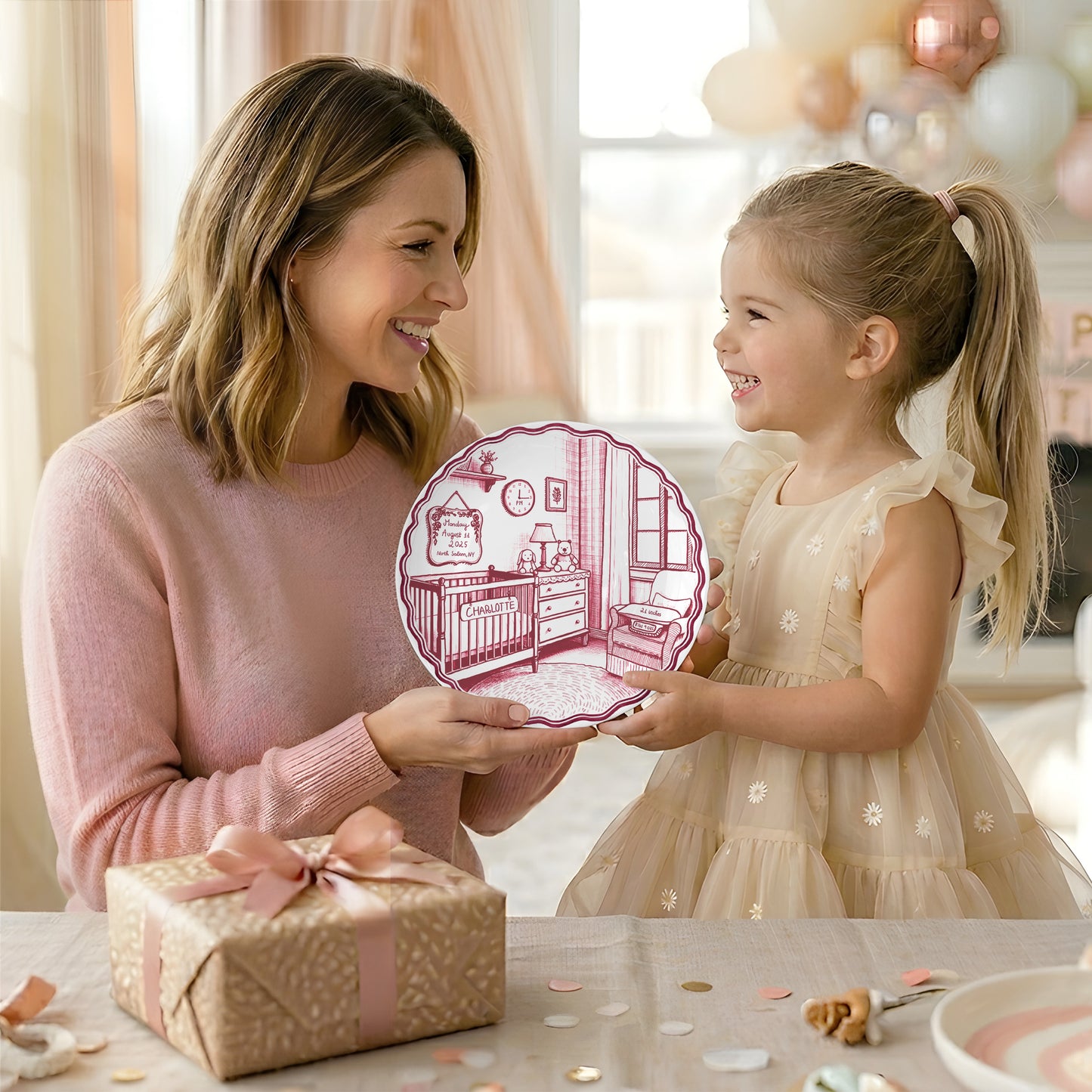 Pink & Blue Nursery Scene Personalized Birth Plate P513DV80