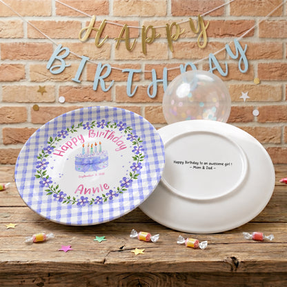 Purple Gingham Border with Floral Wreath Personalized Birthday Plate P624NIV0