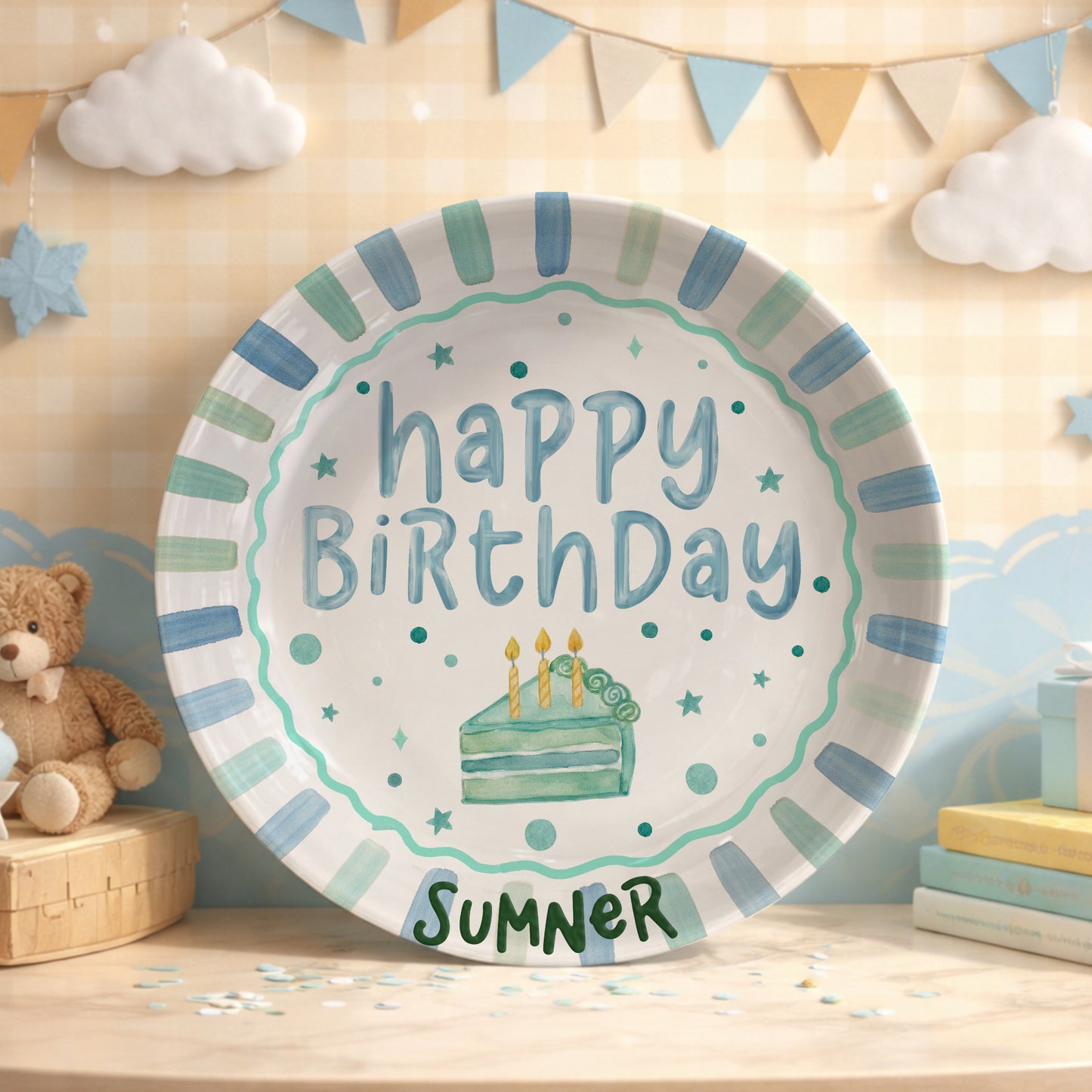Blue and Mint Striped Border with Teal Cake Slice Personalized Birthday Plate D43D5V0