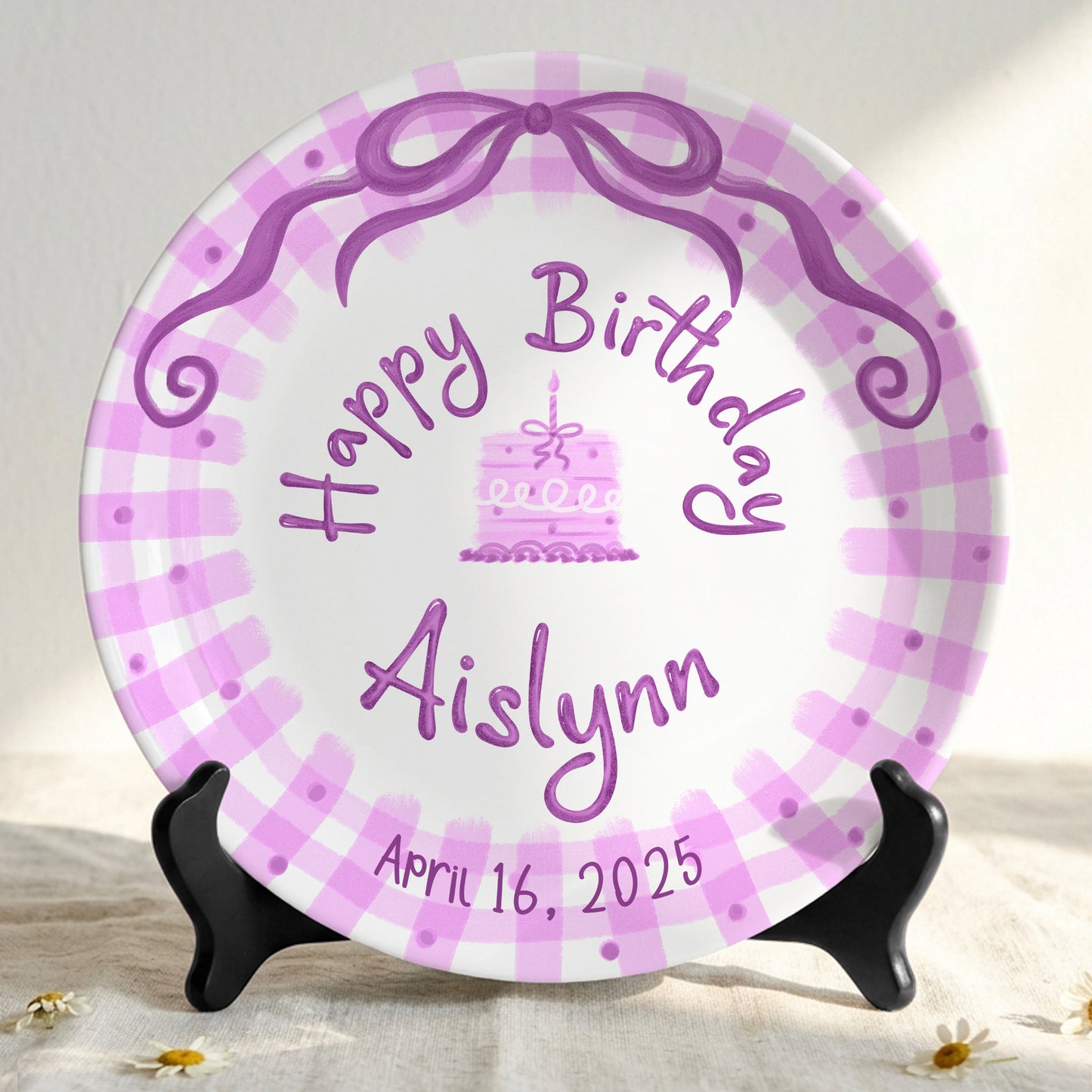 Pink Gingham Bow Personalized Birthday Plate for Kids, Custom Name and Date Ceramic Keepsake P85LHL0