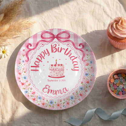 Pink Gingham Floral Bow Cake Personalized Birthday Plate for Girls P520UDC0