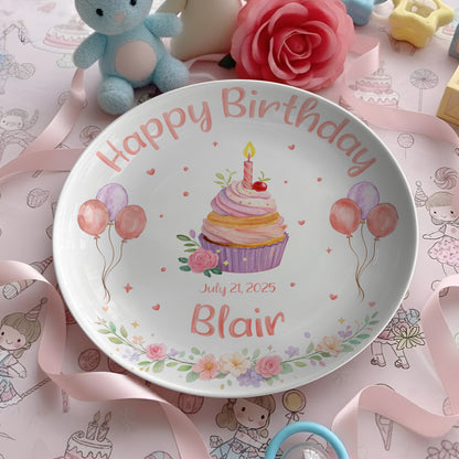Cupcake with Balloons and Floral Personalized Birthday Plate D319DJS0