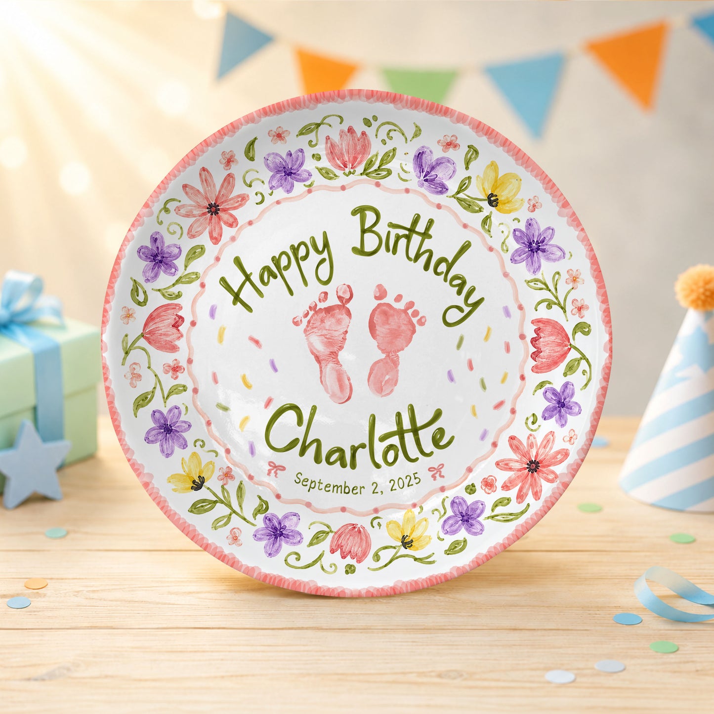 Floral Baby Footprint Personalized Birthday Plate for Girl, First Birthday Keepsake P727CV20