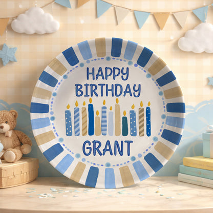 Blue and Tan Striped Border with Birthday Candles Personalized Birthday Plate D49EZG0