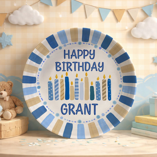 Blue and Tan Striped Border with Birthday Candles Personalized Birthday Plate D49EZG0
