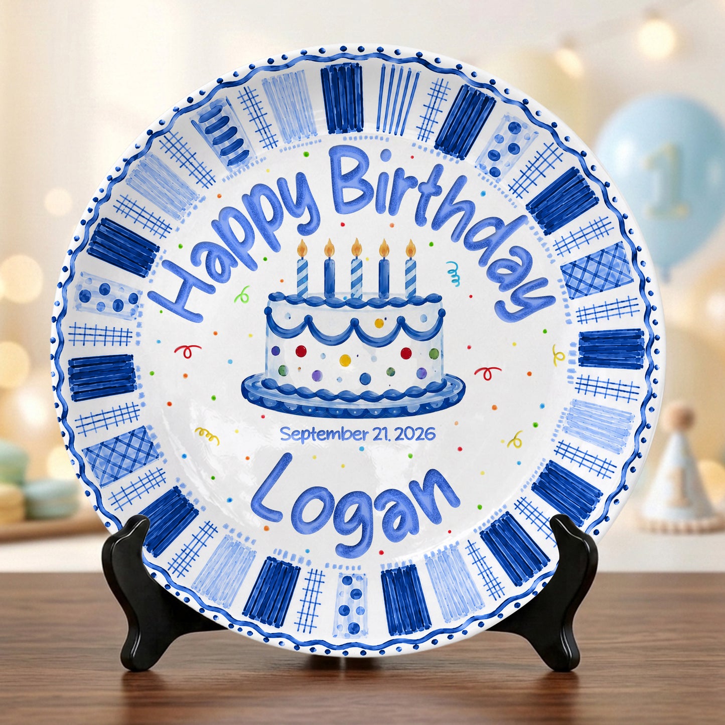 Blue Checkered Cake Personalized Birthday Plate for Boys Birthday Gift P812TGN0